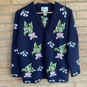 Quacker Factory navy blue floral embroidered cardigan sweater relaxed Small mom